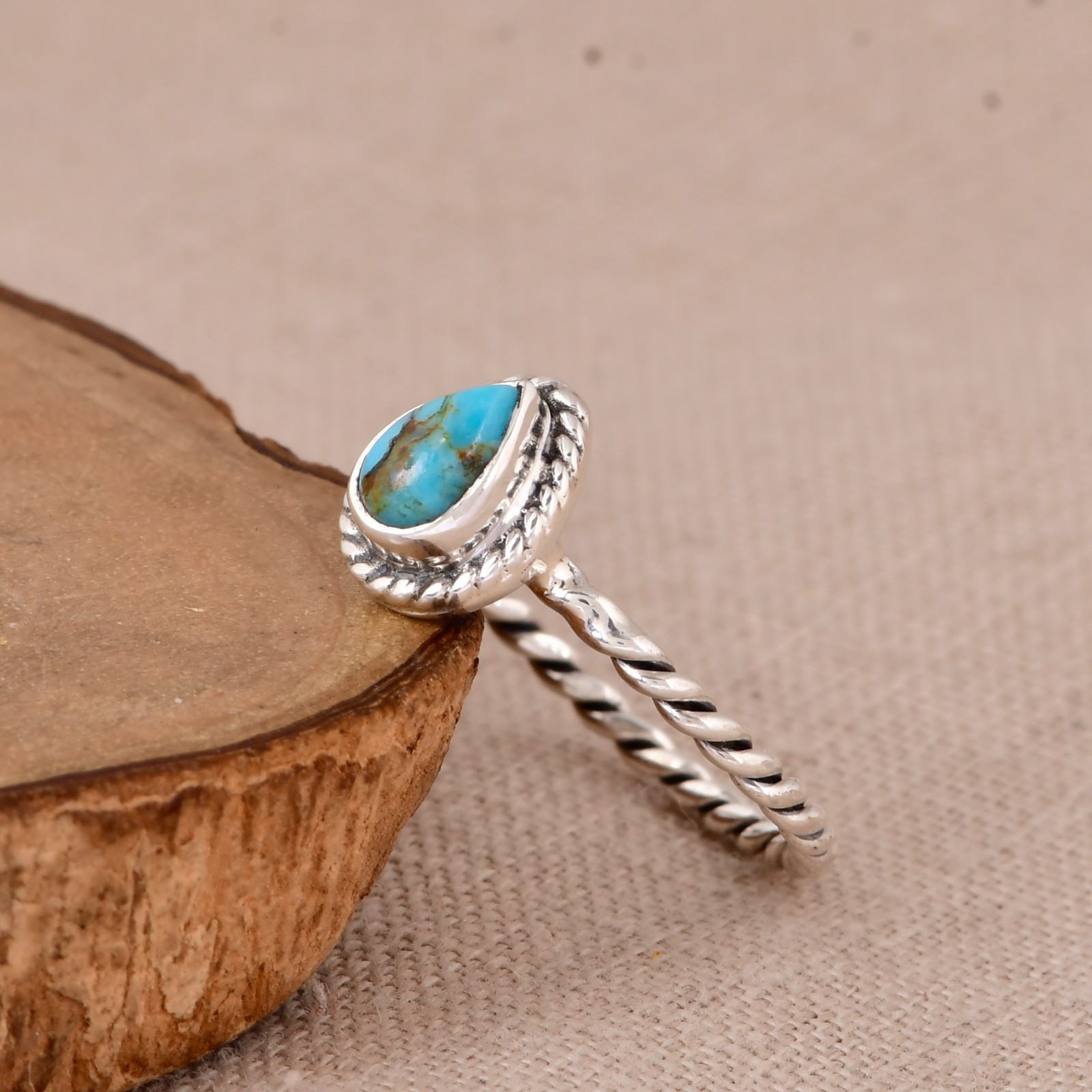 Kingman Turquoise Ring Fine 925 Sterling Silver Dainty Twisted Band Gift for Her