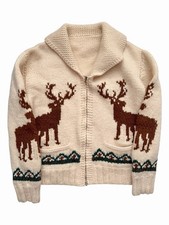Vintage 60s Mary Maxim Deer Chunky Knit Zip Up Cowichan Cardigan Sweater Jacket
