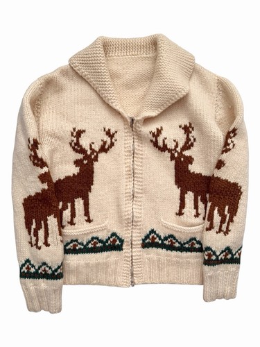 Vintage 60s Mary Maxim Deer Chunky Knit Zip Up Cowichan Cardigan Sweater Jacket