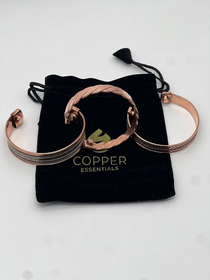 Juego de 3 pulseras de brazalete de cobre hechas a mano - Joyería curativa ajustable unisex Foto 3 de 4