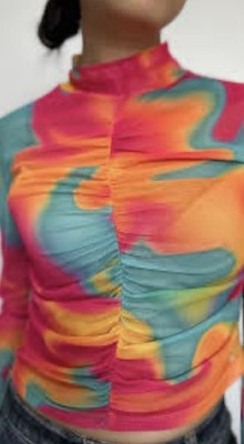 Women s Color Block Long Sleeve Mesh Crop Top ￼