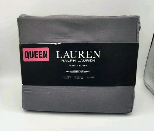 RALPH LAUREN 4 Piece Queen 100% Cotton Sheet Set Dunham Sateen Charcoal Gray NEW