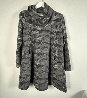 Komil Fossil Flint Tunic Womens Cowl Neck Top Large Gray White Leaf Long Sleeve
