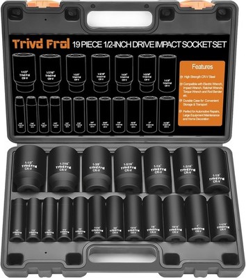 SAE Impact Socket Set - 1/2'' Drive, 19pc Deep Socket Set 3/8'' to 1-1/2'', Cr-V