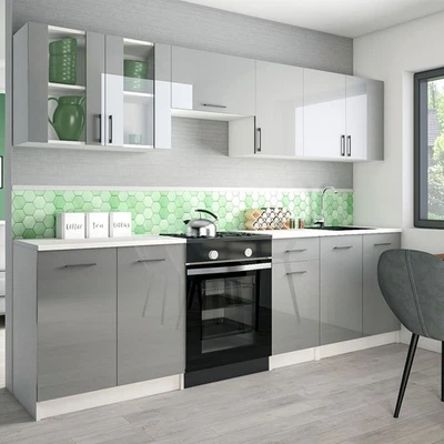 KÜCHE 260cm KÜCHENZEILE KÜCHENBLOCK MODERN Einbauküche grau glanz - Bild 1 von 4