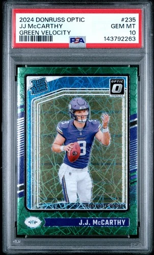 2263 J.J. McCarthy 2024 Donruss Optic #235 Green Velocity Rated Rookie PSA 10