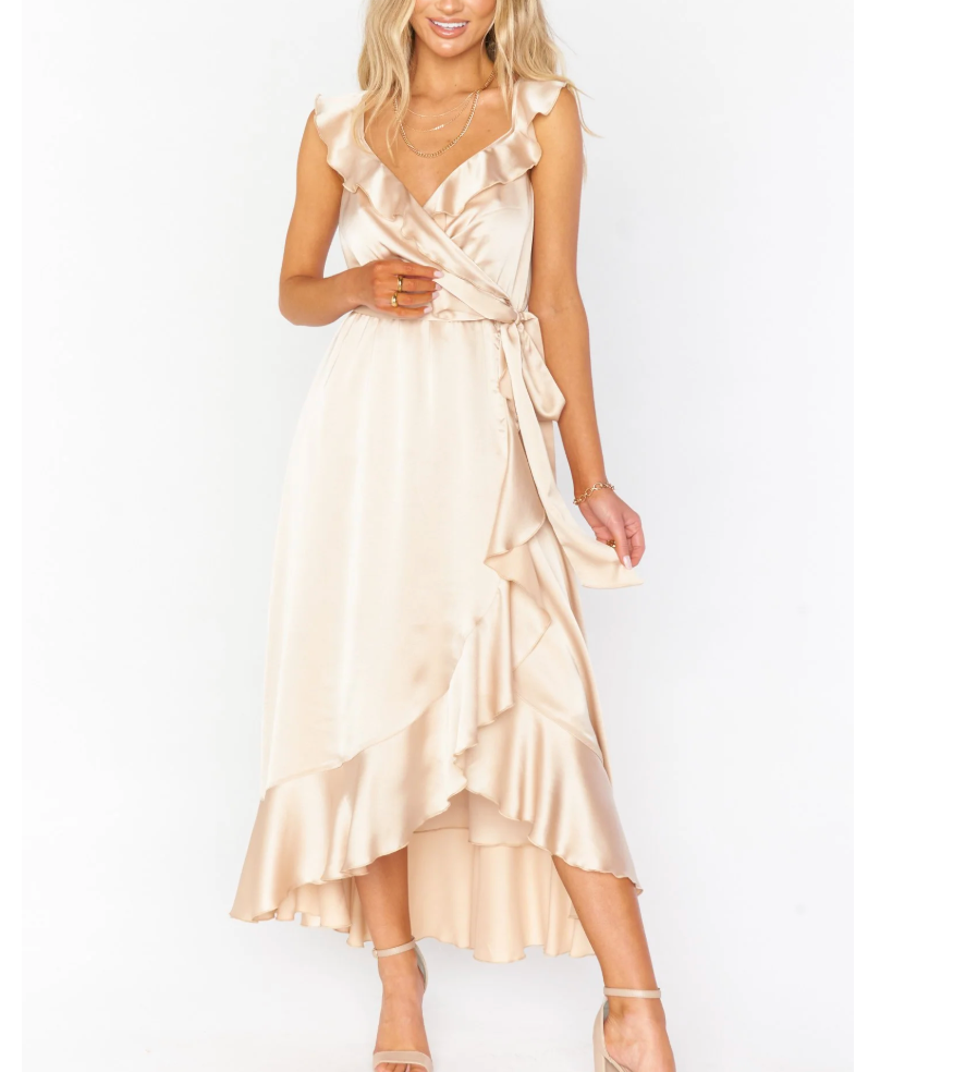 NWT Show Me Your Mumu Samantha Ruffle Champagne Luxe Satin Wrap Dress Size S