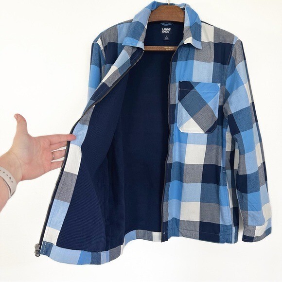 Lands End Mens Large 42 44 Blue Flannel Plaid Thermal Lined Shirt