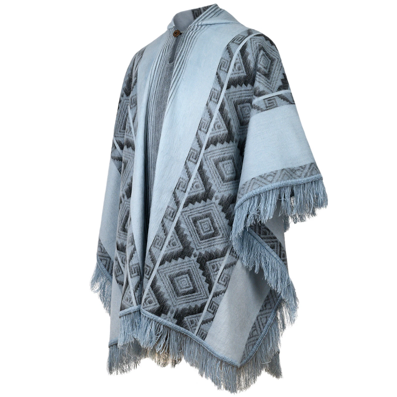 LIGHT BABY ALPACA WOOL HOODED PONCHO FRINGE UNISEX HANDMADE SKY BLUE & CHARCOAL