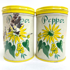 Vintage Metal Pepper Shakers (2) Twist Top Made In USA 4" White Yellow Flowers