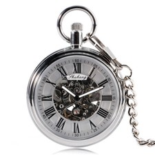 Mens Automatic Self Winding Pocket Watch Silver Open Face Pendant Chain Gifts