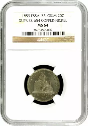 Belgium 20 centimes 1859, NGC MS64 ESSAI, "King Leopold I (1832 - 1865)"