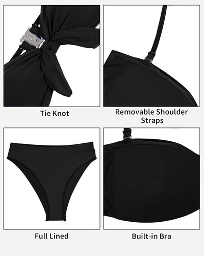Women's Bandeau Bikini Set High Waisted Swimsuit Front Tie Knot Black Size L - Picture 3 of 7