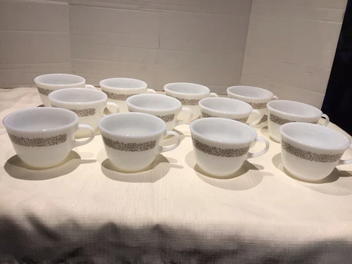 MCM Pyrex Woodland Brown Floral Milk Glass Coffee Tea Cups Set of 12 Vintage