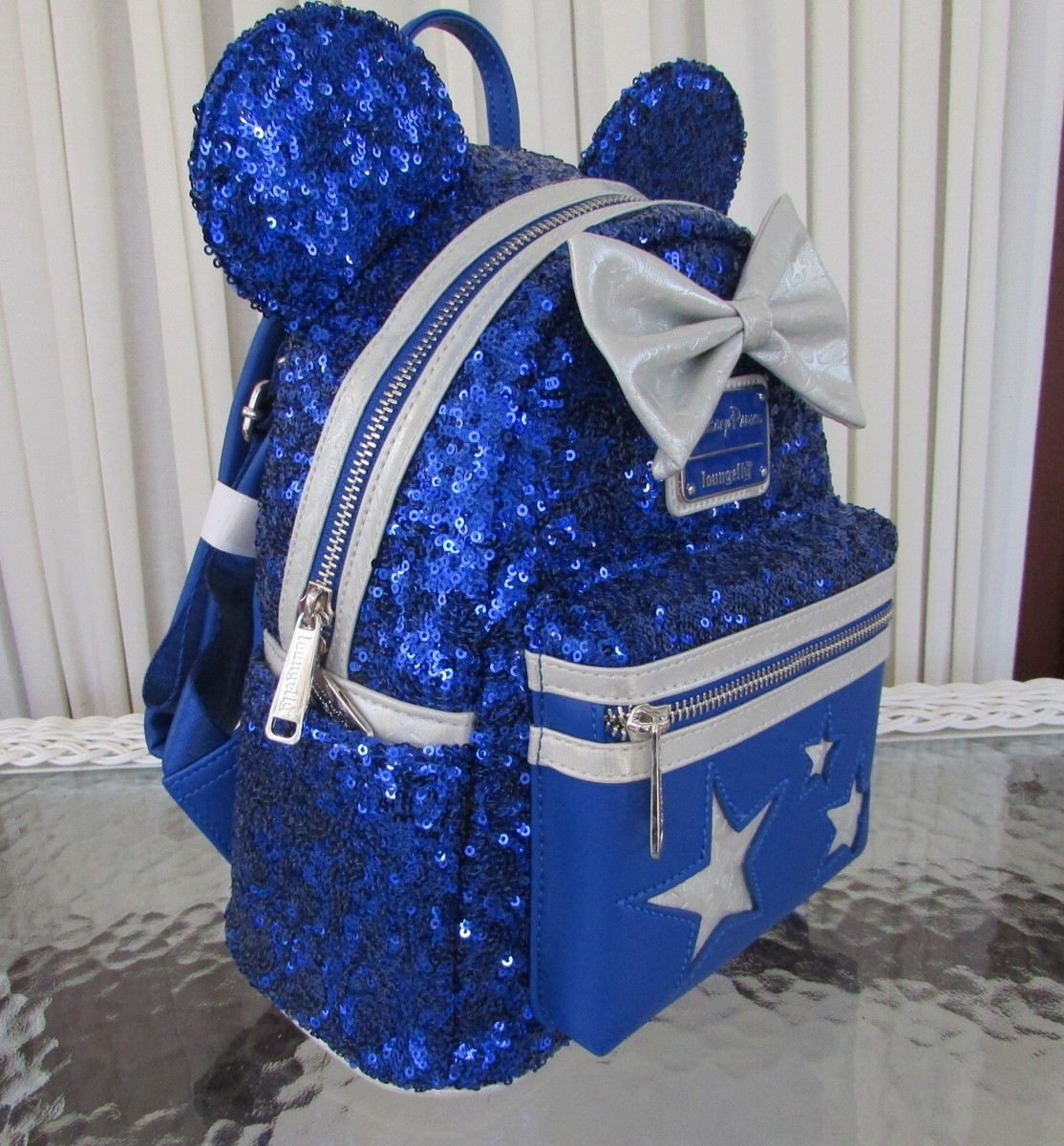 Disney Parks Wish Loungefly Blue sequin Mini Backpack Stars Wishes come true New Disney Parks Make A Wish Loungefly Backpack Blue Stars Make  main image 4