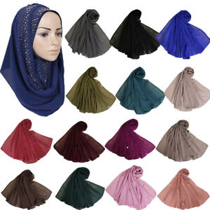 Women Rhinestones Pearl Chiffon Hijab Long Scarf Muslim Scarves Head Wrap Shawl