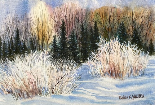7X10” Original Pamela Wilhelm Watercolor Frosty Winter Meadow Pines Snow - Picture 2 of 2