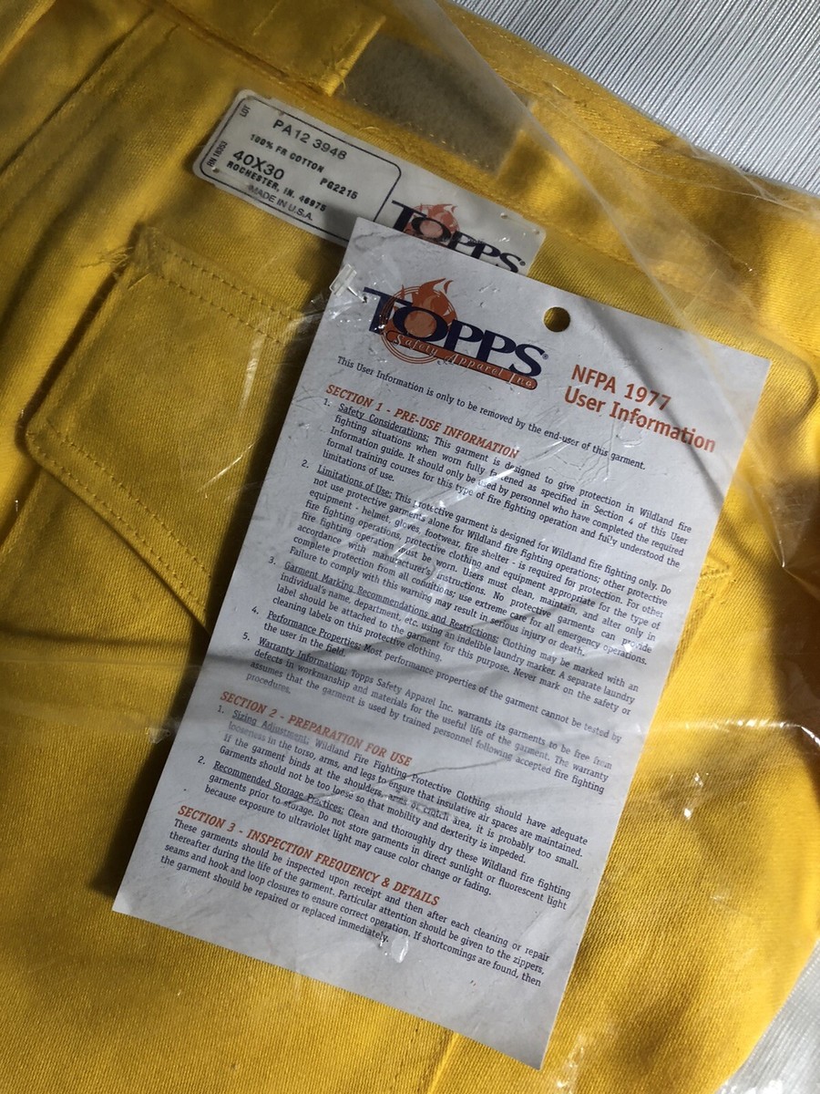 Topps Safety Apparel Pants Yellow Cotton Fire Resistant 40x30 NOS