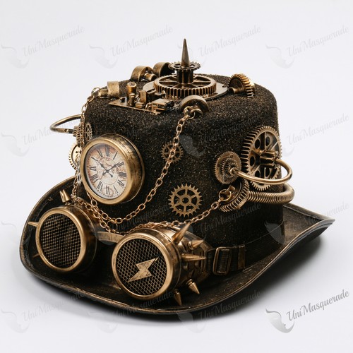 Attitude Studio Gold Steampunk Zeitreisende Brille Zylinder Hut Neuheit Kostüm - Bild 1 von 5
