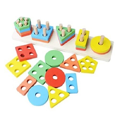 Wooden Geometric Angle Blocks Stacker Shape Game Column Puzzle Set -B ...