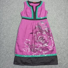 Rene Derhy Womens Dress S - 36 Pink Linen Ramie Woven Sequin Embroidered Floral