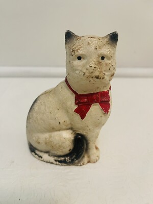 Beautiful Vintage John Wright Cast Iron Still Bank Cat Red Bow Original Paint