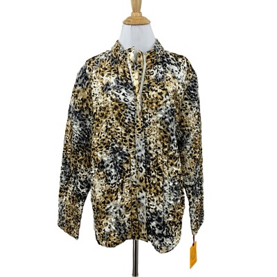Ruby Rd Satin Crinkle Jacket Womens Plus 1X Leopard Print Zip Up Mock Neck Lined