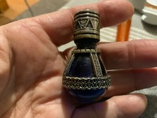 Vtg Cobalt Blue Glass Bottle w/Sliver Metal Overlay , Screw Top