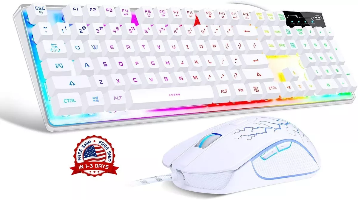 Jugeo De Teclado Y Mouse Gamer Mecanico Para Gaming Multicolor LED Raton Blanco