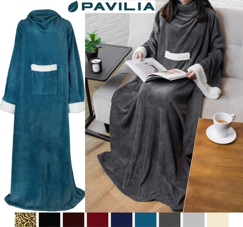 Fleece Blanket with Sleeves and Front Pocket Robe Wearable TV Blanket Gift Adult - Image 2 of 4