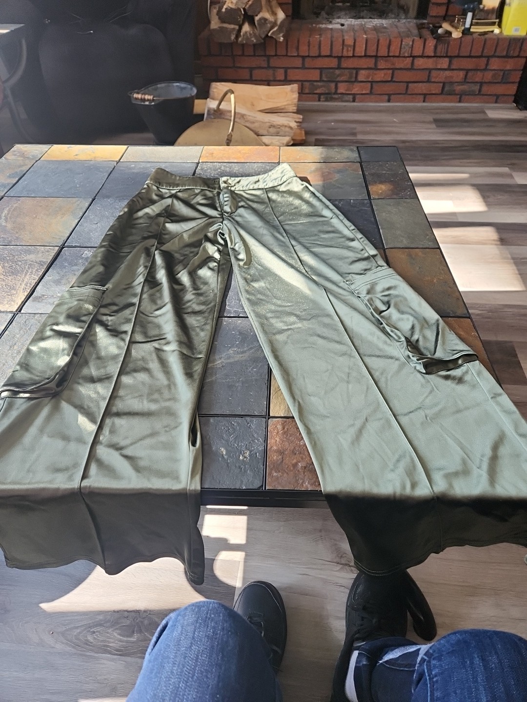 Rainbow Olive Green Faux Silk Flowy Pants Women's Size Medium Wide Leg