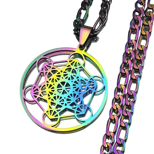 Metatrons Cube Necklace Rainbow Stainless Steel Sacred Geometry Pendant Unisex - Afbeelding 1 van 6
