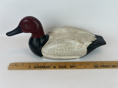 "Señuelo vintage de pato Drake con respaldo de lona de 14"" tallado a mano en madera firmado por G. Lowenthal" - Imagen 4 de 20