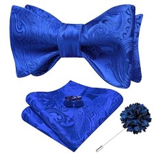 Mens Bow Tie Royal Blue Self Tie Paisley Bowtie and Lapel Pin Set for Men