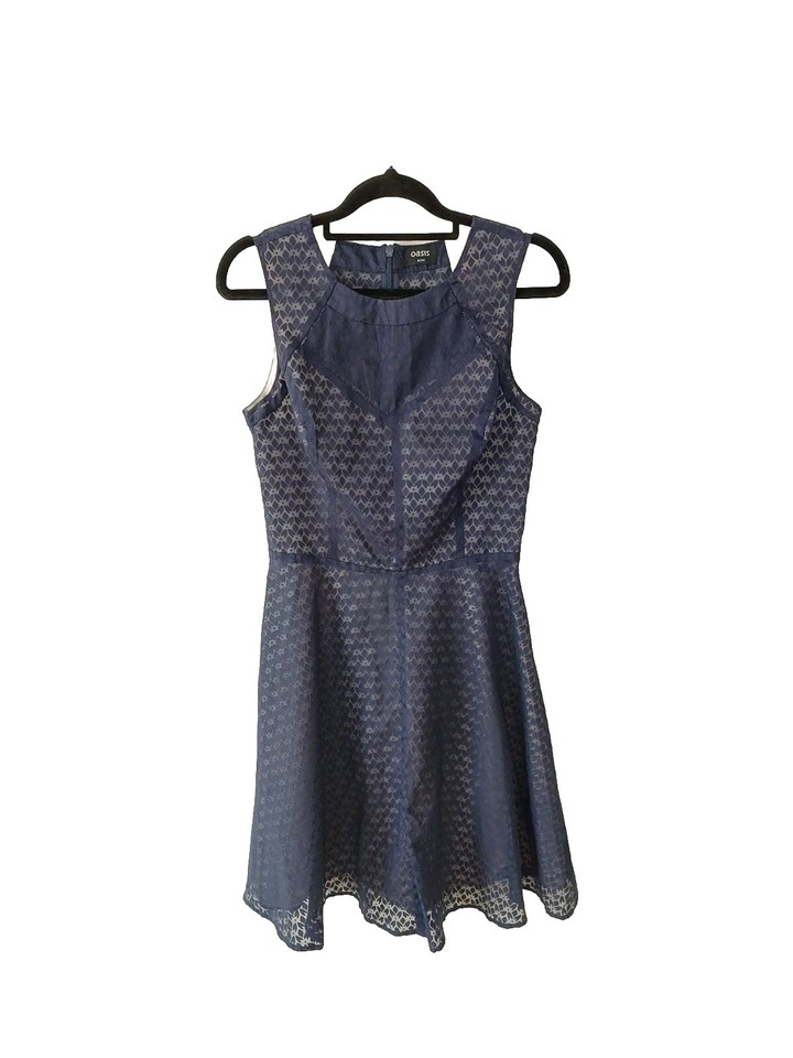 Oasis Blue Printed A-line Dress Size 8 / 34  Lined Cute Event Coctail Fitted
