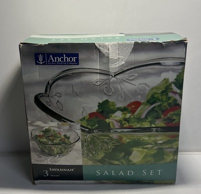 ANCHOR HOCKING Glass Salad Set 12'' Bowl & Utensils SAVANNAH pattern Open Box!