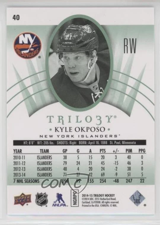 2014-15 Upper Deck Trilogy Radiant Green /42 Kyle Okposo #40 - Image 2 of 2
