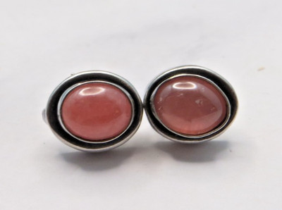 Vintage Ohrstecker oval rosa Cabochon Edelstein Sterlingsilber 925 #396
