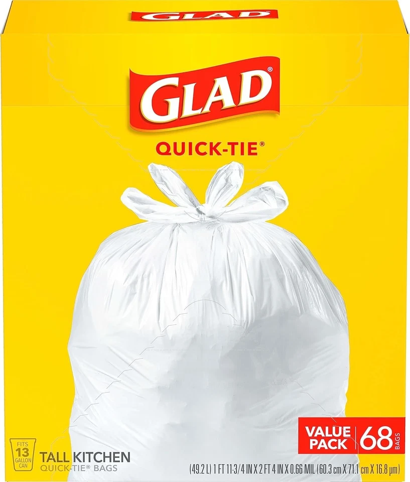 Bolsas de basura de cocina Glad Tall de 13 galones, bolsas de basura sin perfume, Quick-Tie, 68 Co Foto 4 de 4