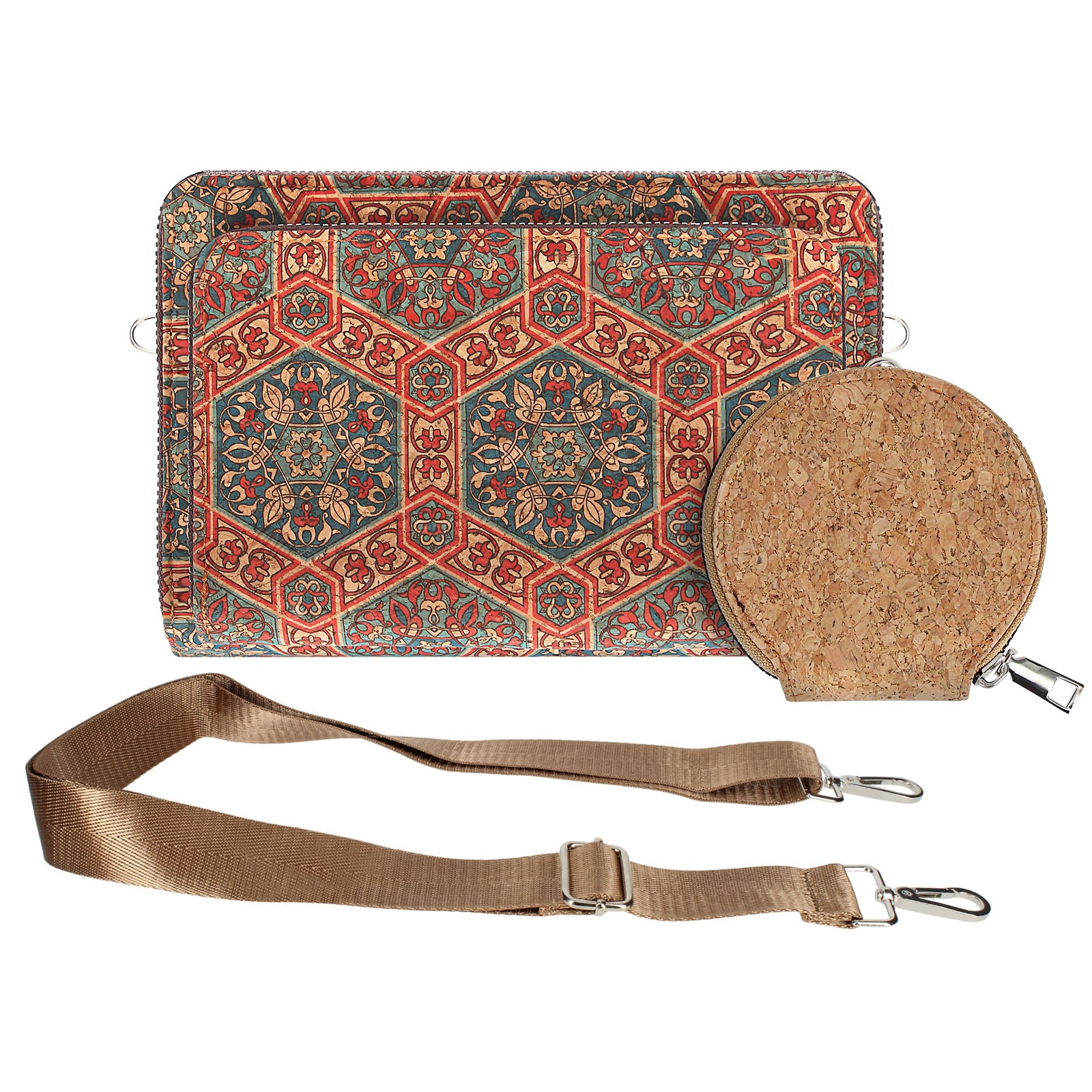 Pochette en liège triple poche zip Avizar avec bandoulière pratique