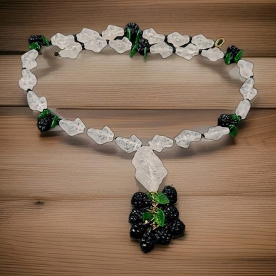 Vintage W. Germany Black Berry & Ice Rocks Beaded Lucite Necklace 23''