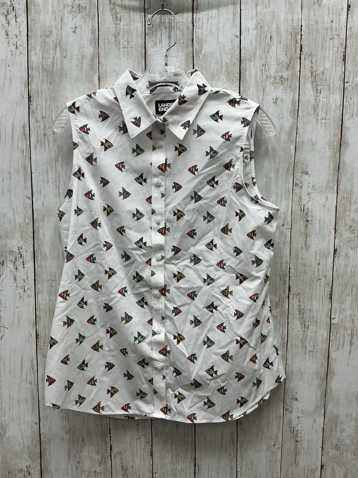 Lands’ End Women’s No-Iron Sleeveless Shirt Small White Multicolor Fish Print