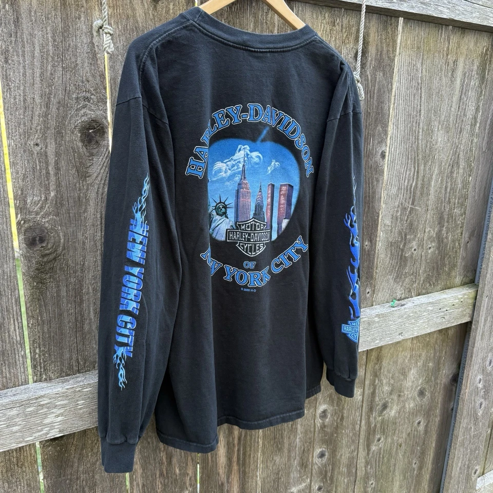 Camisa manga comprida vintage Y2K Harley Davidson Twin Towers GG New York City Blue Flame - Imagem 2 de 4