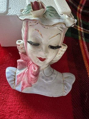Vintage Lefton  Barbara  lady head vase Blue Dress Pink  bow 4.5  inch Read