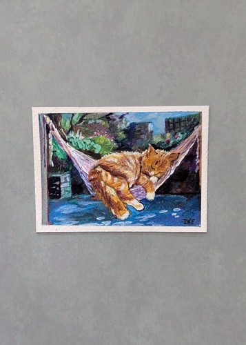 Original Aceo Cute Cat dreaming on his Hammock