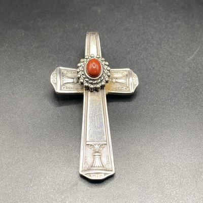 Holmes and Edward s Inlaid Silver Red Stone Large Cross Pendant