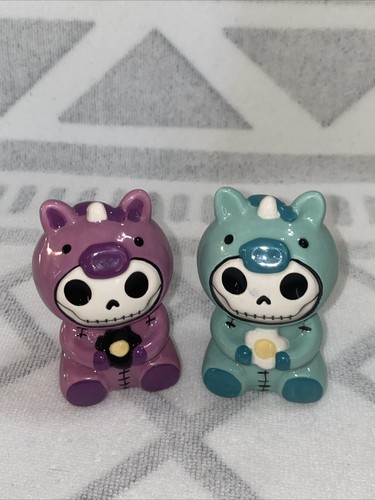 UNIE FURRY BONES Purple And Blue Salt And Pepper Shakers Set Some Cracks Read - Picture 2 of 21
