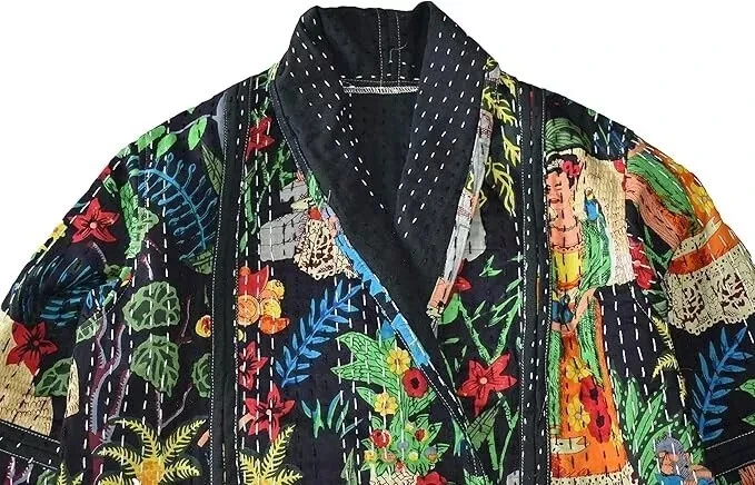 Jaqueta curta acolchoada de algodão Kantha feita à mão casaco com estampa floral feminino quimono - Imagem 2 de 3