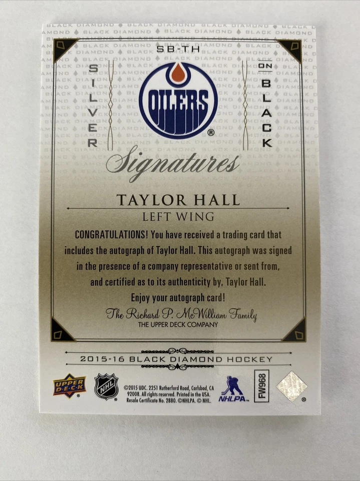 2015-16 UpperDeck Black Diamond Silver On Black Signatures SB-TH /65 Taylor Hall - Image 2 of 4