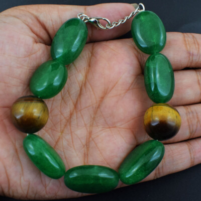 222 Cts Earth Mined 6'' Long Emerald & Tiger Eye Beads Womens Bracelet JK-40E361